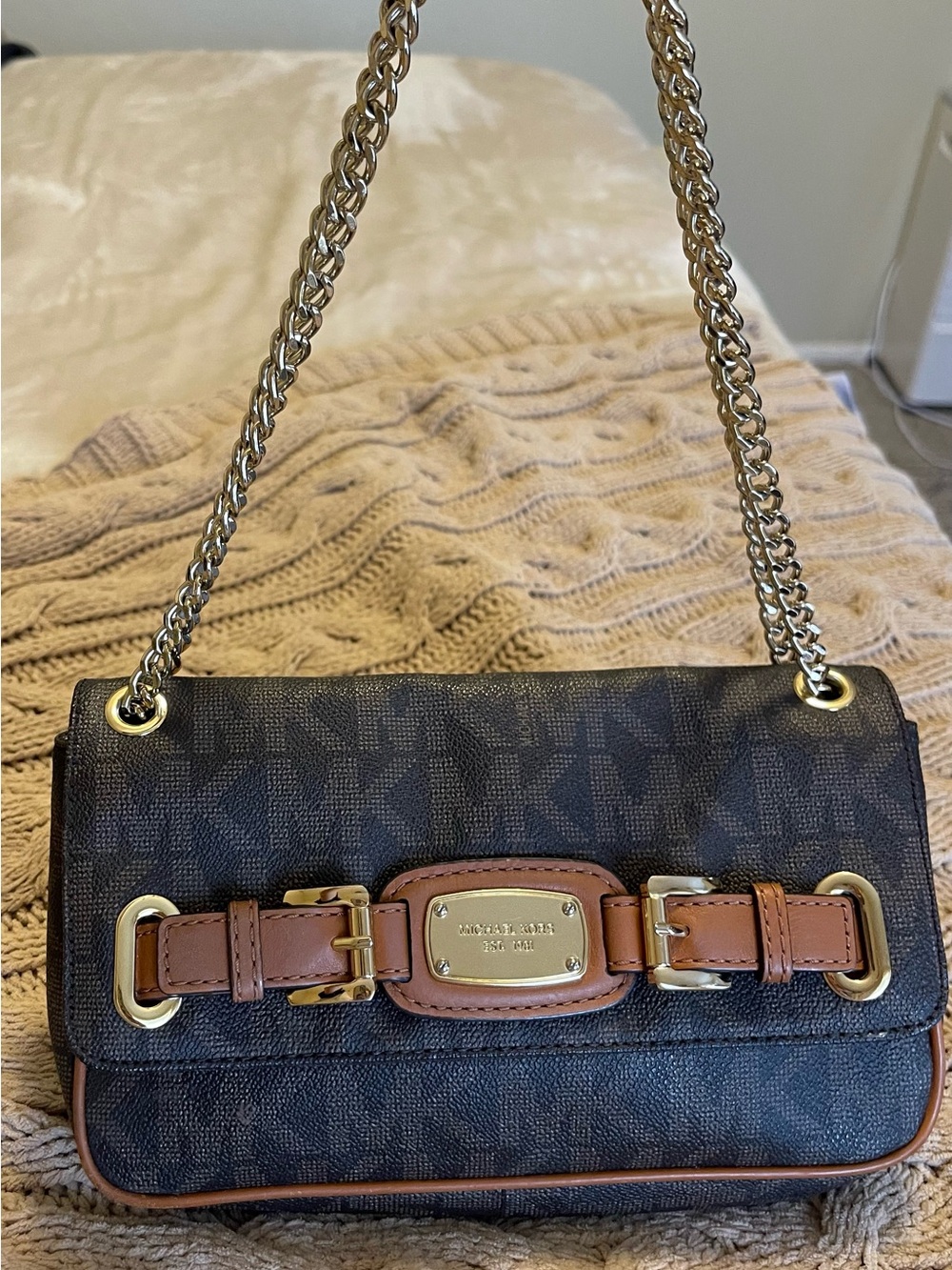 Michael Kors Brown Logo Shoulder Bag with Tan Trim and Gold Hardware